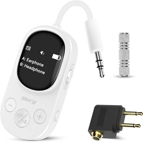 Giecy Airplane Bluetooth 5.3 Transmitter Receiver Adapter, Supports 2 AirPods or Headphones with aptX Low Latency, 3.5mm AUX Jack Wireless Audio Transmitter for Planes, Airline, Travel, TV