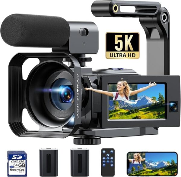 5K Camcorder Video Camera, 56MP Dual Lens Wifi IR Night Vision YouTube Vlogging Camera,16X Digital Zoom Touch Screen Cam corder, Camcorder 5K with 64GB SD Card, 2 Batteries, Tripod, Remote Control