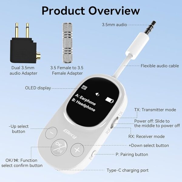 Giecy Airplane Bluetooth 5.3 Transmitter Receiver Adapter, Supports 2 AirPods or Headphones with aptX Low Latency, 3.5mm AUX Jack Wireless Audio Transmitter for Planes, Airline, Travel, TV - Image 4