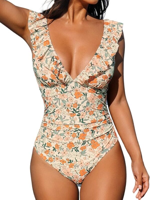 CUPSHE Women One Piece Swimsuit Ruffled Lace Up Beach Swimwear Tummy Control Swimming Costume Bathing Sui