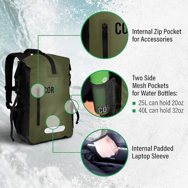 COR Surf Waterproof Dry Bag Backpack - Roll Top Drybag with Padded Laptop Sleeve, Has Welded Seams and Ergonomic Shoulder Pad, Ideal for Boating, Hiking, Kayaking, and More, Available in 25L and 40L - Image 5