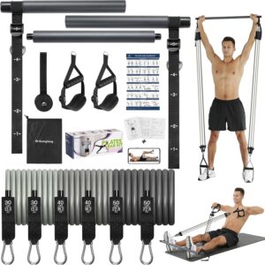 ALongSong Resistance Band Bar Set, Pilates Yoga Home Gym Equipment With 6 Exercise Bands 30-240Lbs/20-240Lbs/50-360Lbs Optional & Door Anchor For Men Women Workouts Strengthen Muscles