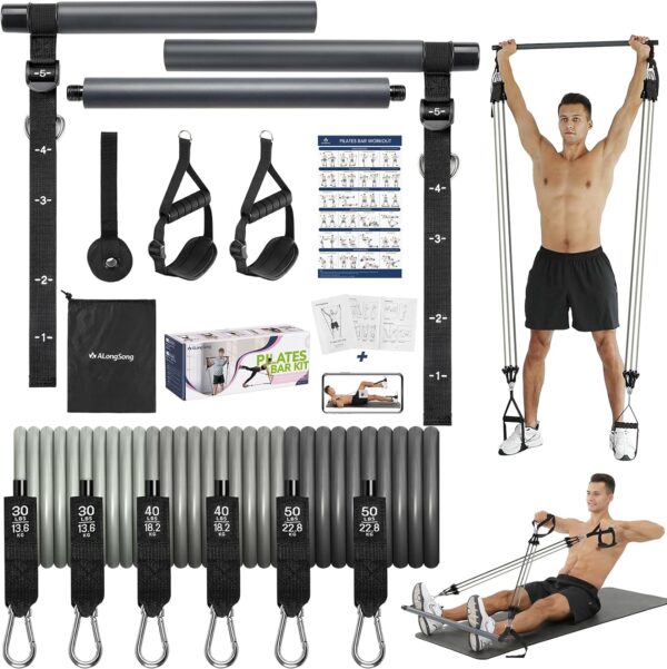 ALongSong Resistance Band Bar Set, Pilates Yoga Home Gym Equipment With 6 Exercise Bands 30-240Lbs/20-240Lbs/50-360Lbs Optional & Door Anchor For Men Women Workouts Strengthen Muscles