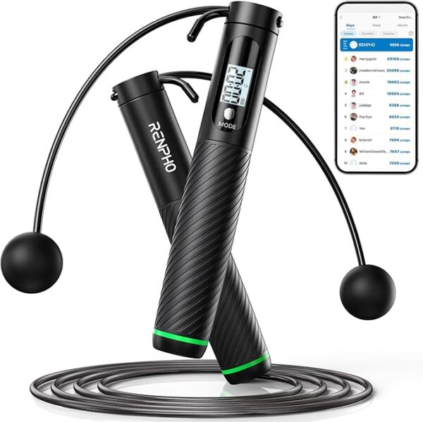 RENPHO Smart Skipping Rope with Counter, Adjustable Jump Ropes for Fitness, Skip Rope with APP Data Analysis, Workout Equipment for Women Men Adult Kids, Burn Calories, Boxing Jumping Rope, Gym, MMA