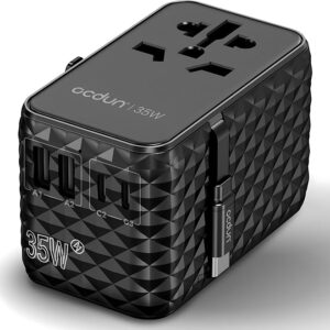 ocdun Universal Power Adapter, International Travel Adapter with 2 USB-A Ports, 2 USB-C Ports, Retractable Type-C Cable PD 35W, Surge Protection, Fast Charging for US, EU, UK, AUS (Black)