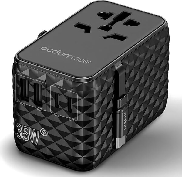 ocdun Universal Power Adapter, International Travel Adapter with 2 USB-A Ports, 2 USB-C Ports, Retractable Type-C Cable PD 35W, Surge Protection, Fast Charging for US, EU, UK, AUS (Black)