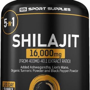 Shilajit Capsules 16,000mg -120 Days Supply - 60% Fulvic Acid - Added Ashwagandha, Lions Mane, Turmeric and Black Pepper - High Streng
